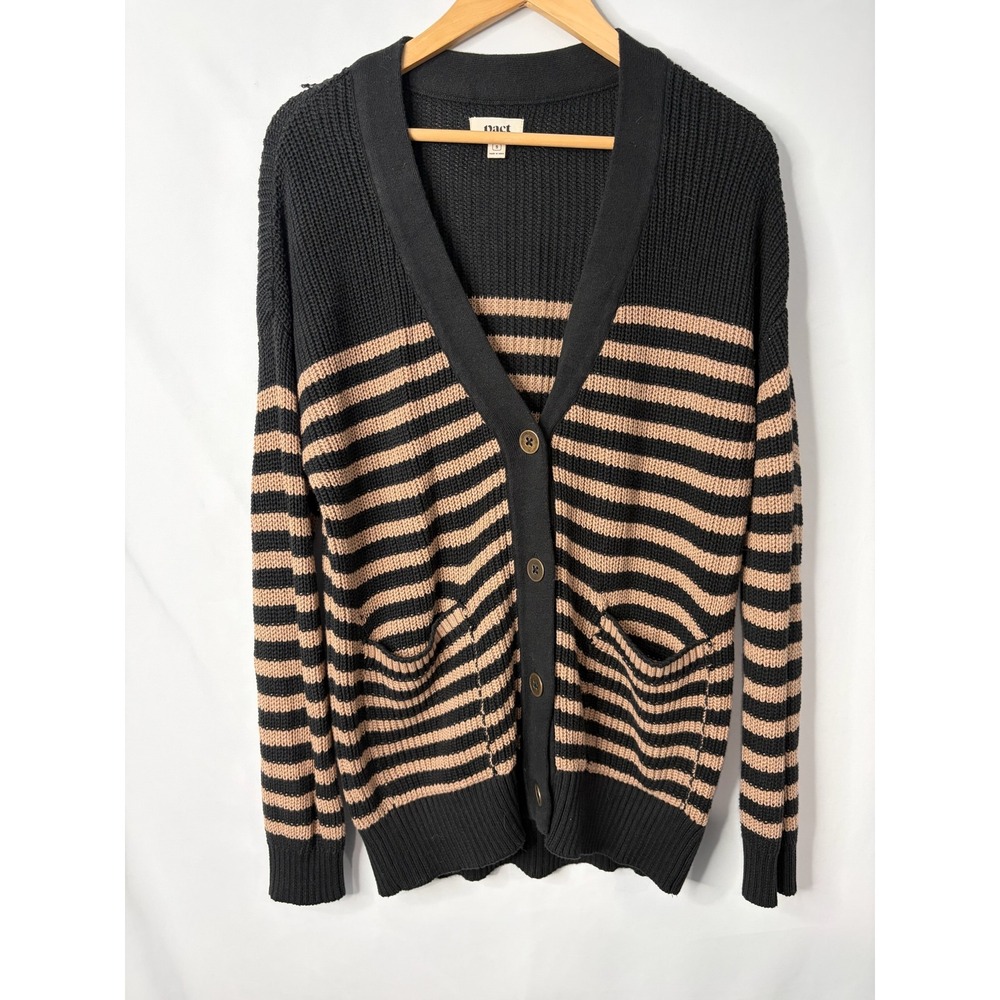 Pact Organic Cotton Shaker Knit Cardigan Sz S Black Tan Striped Y2K Oversized